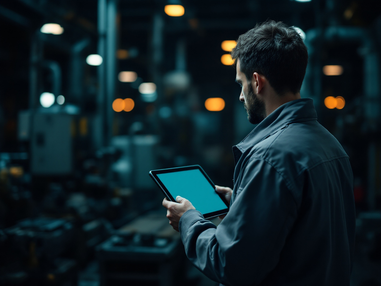 Un técnico consulta una tableta delante de una instalación industrial